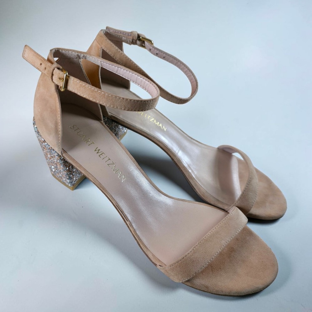 Stuart Weitzman Simplemid Ankle Strap Sandal Pink Open Glitter Block Heel Size 9